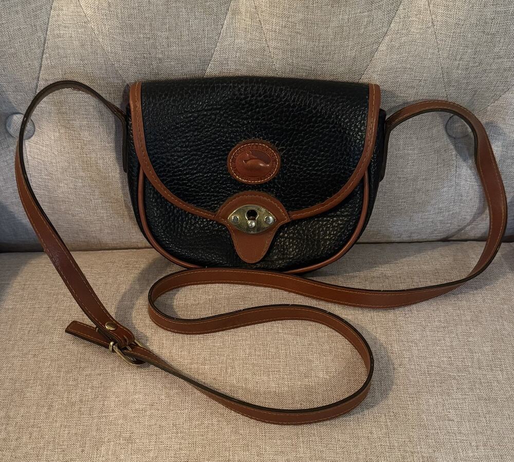 Vintage Dooney Bourke All Weather Leather Black Tan Saddle Crossbody Bag USA